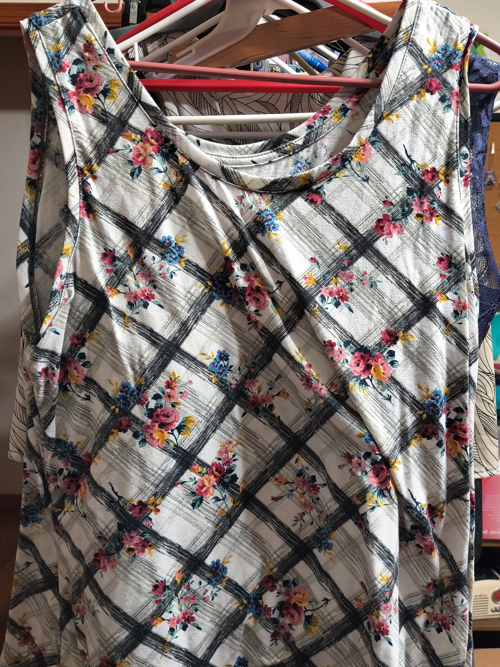 Time and Tru White Tank Top with Pink, Blue & Yellow Floral Plaid